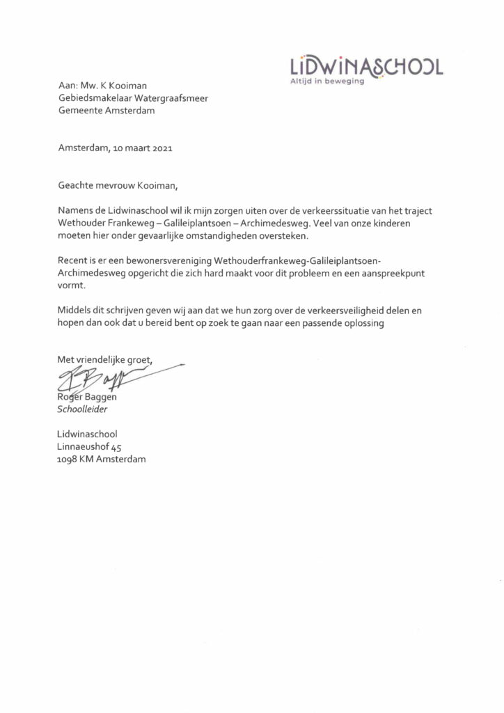 Brief Lidwina School over verkeerssituatie