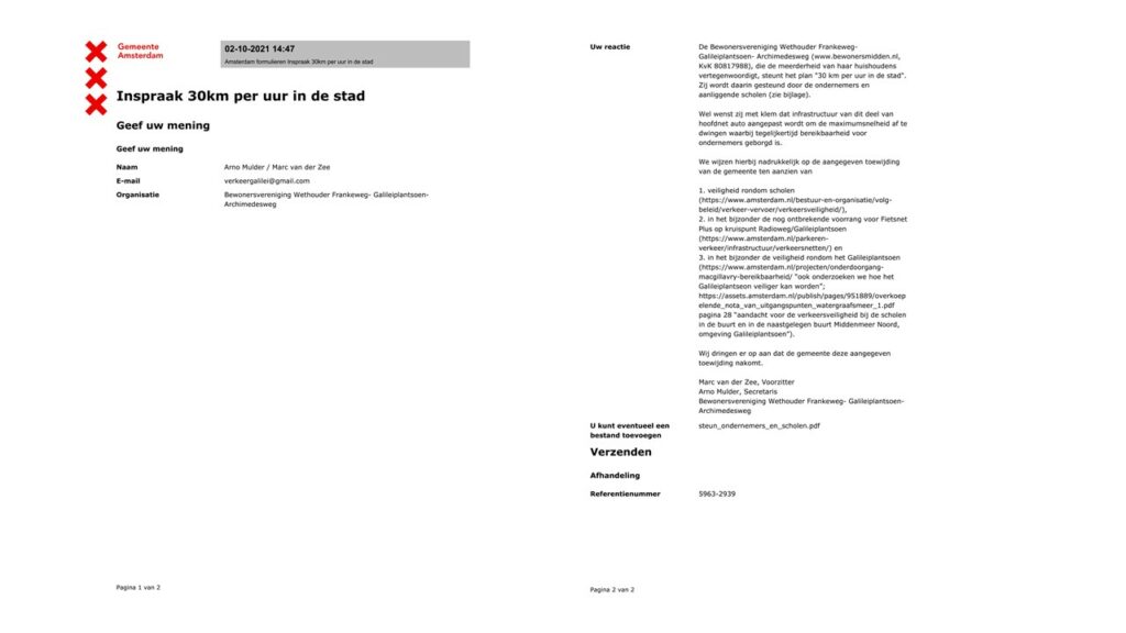 Inspraakreactie 30 km per uur